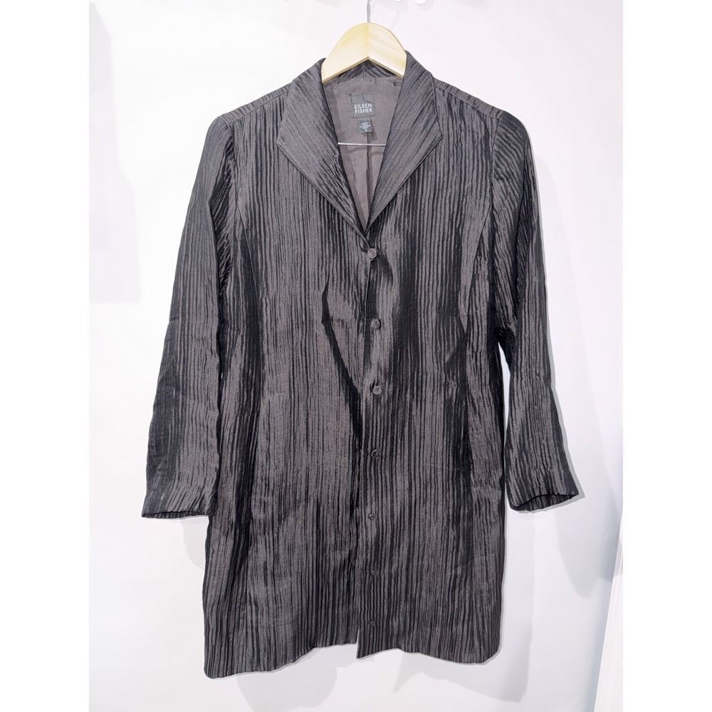 Eileen Fisher Size M Crinkle Black Button Up Jacket Silk